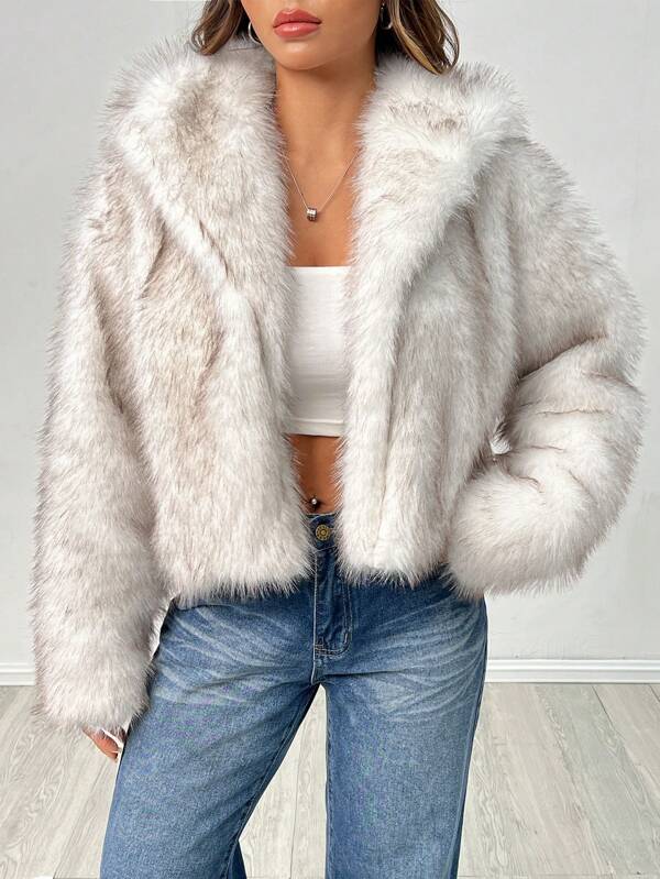 SHEIN PETITE Women Fashion Fluffy Faux Fur Coat In Fall/Winter