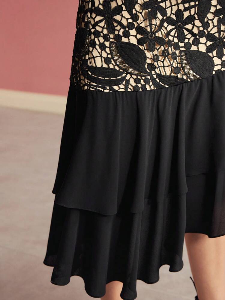 CONTRAST GUIPURE LACE RUFFLE HEM DRESS,VALENTINE'S DAY OUTFIT,SPRING/SUMMER