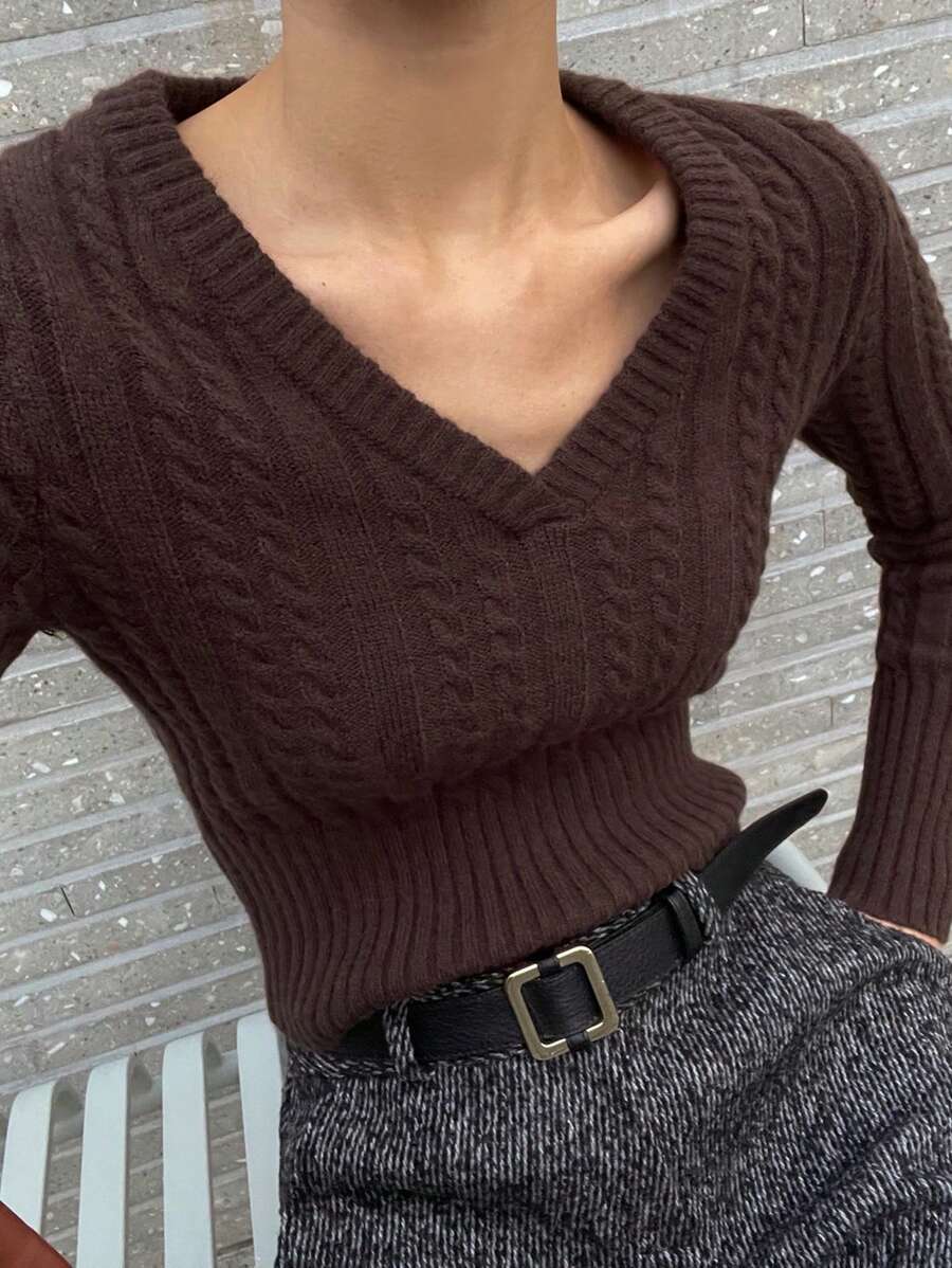 DAZY Áo len dệt kim ngắn cổ chữ V ôm vừa vặn cho nữ, Quần áo mùa thu - Cà phê nâu - Xem 1