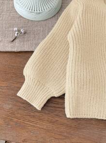 SHEIN LMoss Kids LMoss Baby Girl 2pcs Set, Autumn/Winter Cardigan And Wide Leg Pants, Lantern Sleeve Knit Sweater Outfit, Suitable For Outdoor, Shopping, Party And Other Occasions - Khaki - View 4