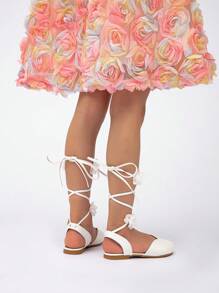 Spring New Girls Princess Style Ribbon Tie Round Toe Flat Shoes - White - View 5