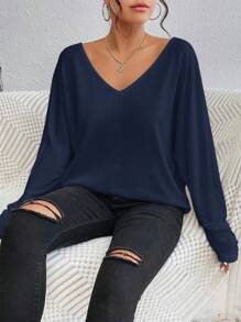 SHEIN Frenchy Áo thun tay cánh dơi cổ chữ V màu trơn, thường ngày mùa thu - Màu xanh hải quân - Xem 4