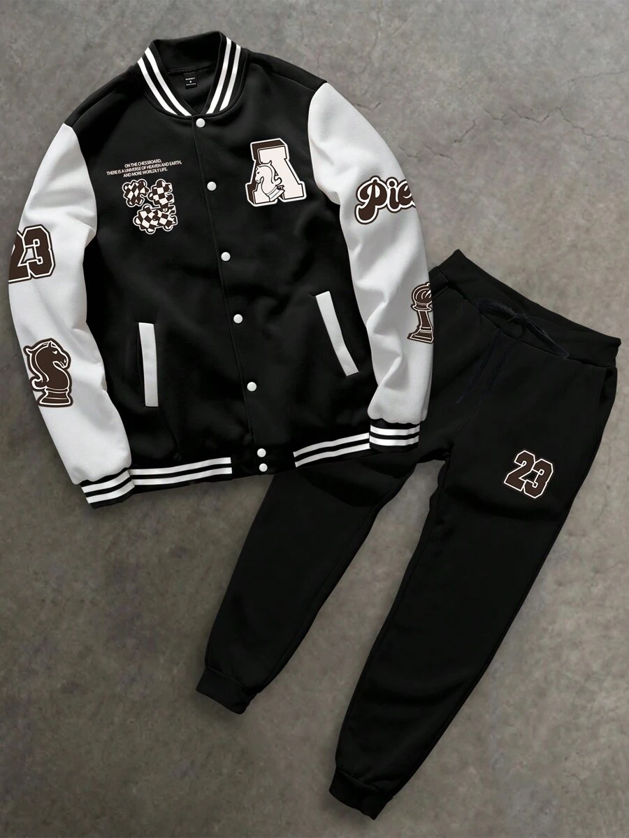 Manfinity EMRG 2pcs/Set Plus Size Men Color Block Baseball Collar Button Front Long Sleeve Jacket And Pants Casual Set