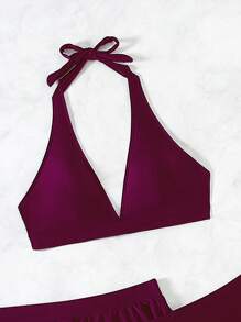 SHEIN Swim 2026 Spring/Summer 3pcs Set Purple V-Neck Halter Bikini Top + Triangle Bottoms + Briefs Bikini Set - Red Violet - View 5