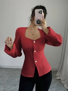 Elenzga 女士纯色方领褶皱泡泡袖优雅长袖衬衫 - 紅色 - 查看 1