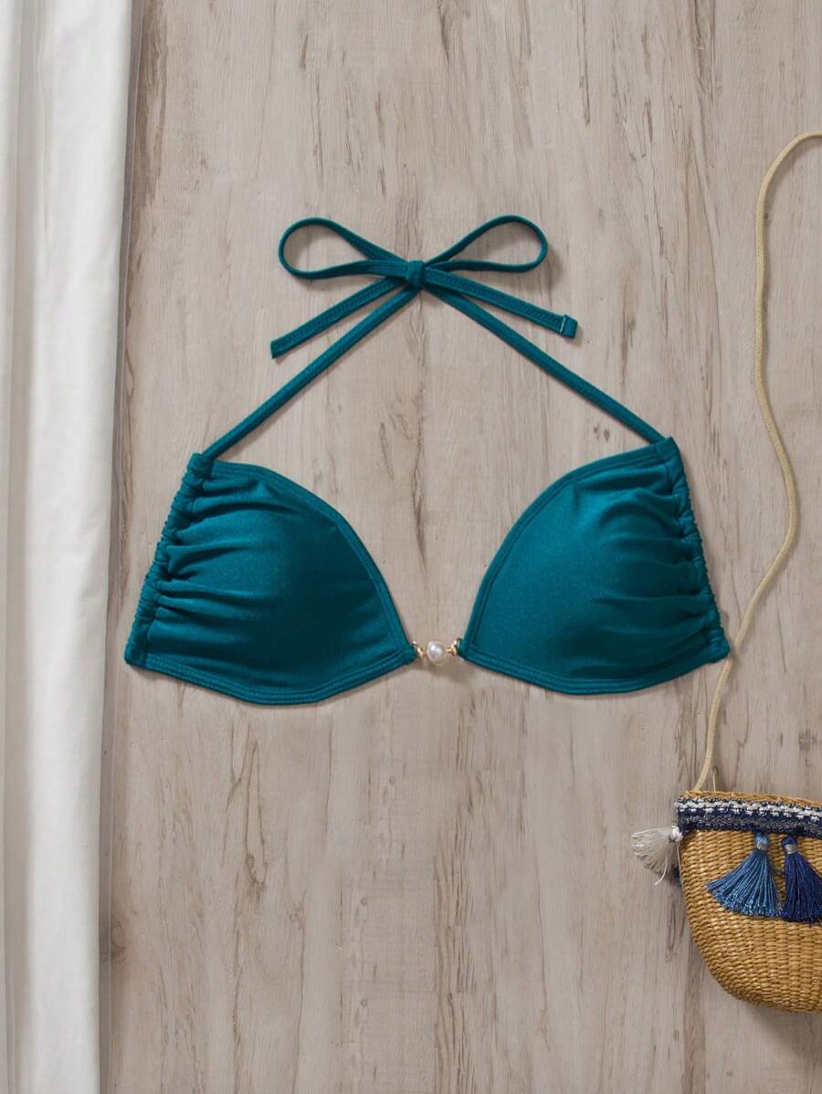 SHEIN Swim 1pc Women's Solid Color Faux Pearl Decor Sexy Bikini Top Summer