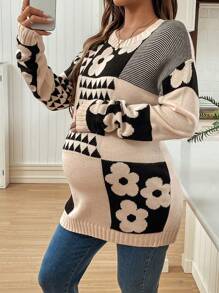 SHEIN Floral & Geometric Pattern Pregnant Women Long Sleeve Knitted Sweater, Winter