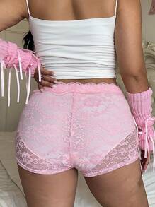 Flirla Plus Size Bow Decor Simple Lace Trim Sexy Elastic Leggings For Summer