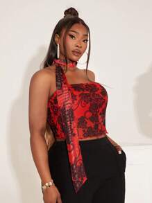 SHEIN SXY Plus Size Women's Black & Red Contrast Color Textured Print Mesh Crop Top (With Necktie) - Red - View 7