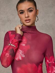 SHEIN BAE 女士春夏花卉印花立领长袖透视性感紧身衣 - 紅色 - 查看 4