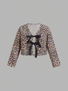 SHEIN Frenchy Plus Size Women's Leopard Print Bow Decor Long Sleeve Top And Skirt Set, Fashion Outfit For Autumn
