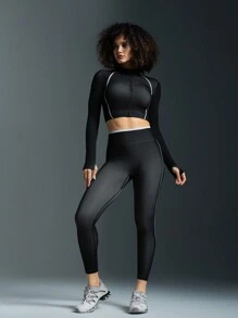 Powerista Contrast Color Trim Long Sleeve Leggings Seamless Sports Suit For Gym - Black and White - View 4