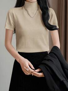 EMERY ROSE Women Half High Neck Fitted Short Sleeve Solid Color Knitted Top, Autumn/Winter - Camel - View 4