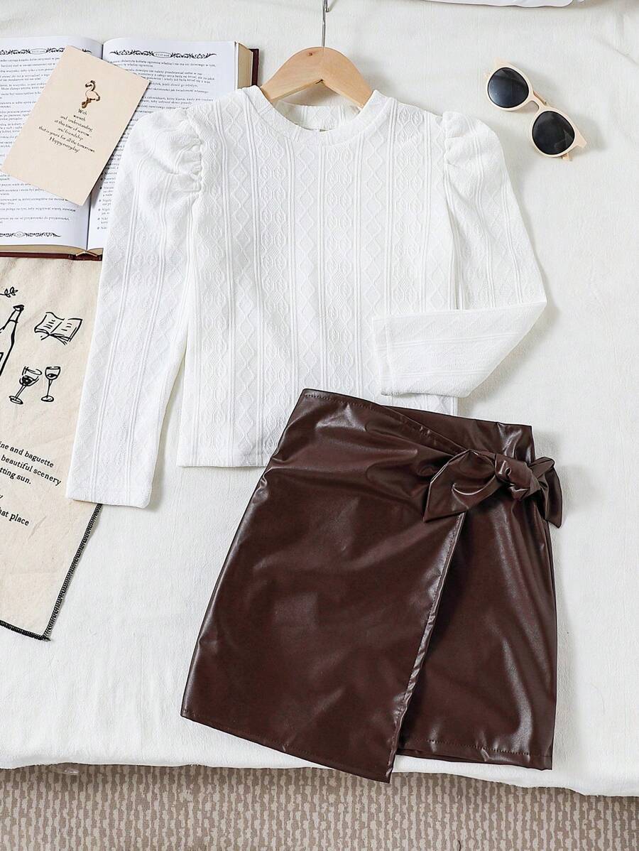 Tween Girl Knit Sweater With Puff Sleeve & PU Leather Ruched Skirt With Bow,Brown And White,Autumn,School,Back-To-School Elegant Party Holiday Outfit - Multicolor - View 1