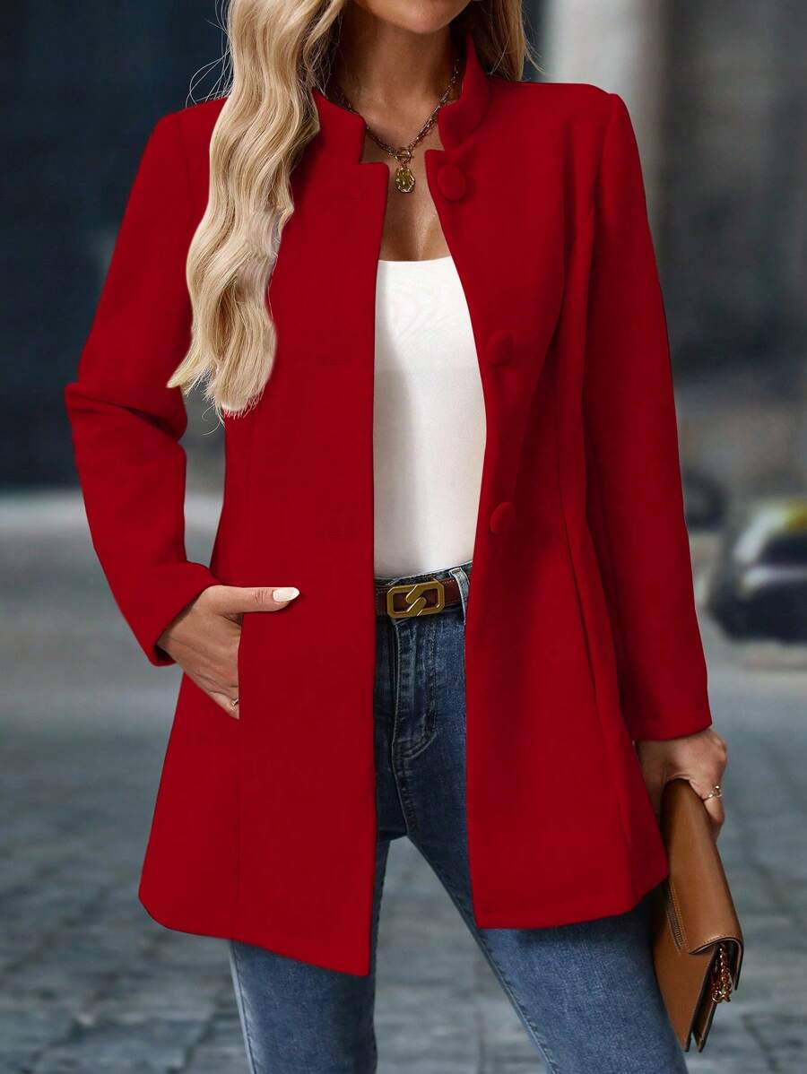 EMERY ROSE Women's Thick Casual Stand Collar Mid-Length Long Sleeve Coat, For Autumn & Winter Fall Cloth For Women - Red - View 1