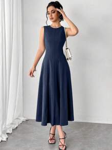 Chiquease Sleeveless A-Line Waist Cinched Round Neck Casual Midi Dress, Daily Versatile