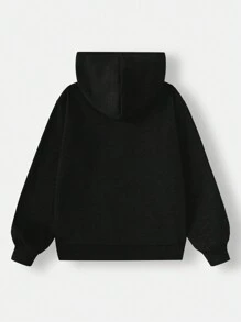 SHEIN EZwear 休闲简约字母印花图案黑色宽松口袋加厚连帽卫衣，女款，适合秋冬季穿着 - 黑色 - 查看 2