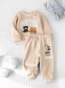 Cozy Pixies 2pcs/Set Baby Boy Letter Print Crewneck Long Sleeve Sweatshirt And Elastic Cuff Pants Clothes Set - Multicolor - View 3