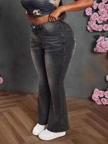SHEIN SXY Jeans elásticos entallados y acampanados en talla grande de color gris sexy - Gris - Ver 4