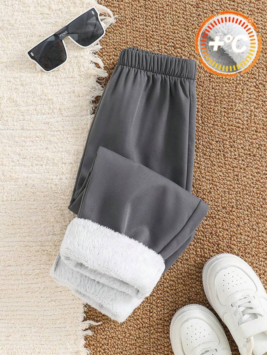 SHEIN 1pc Young Boys Casual Cute Street Warm & Comfy Thermal Lined Straight Leg Black Pants, Suitable For Outings, School, Daily Gatherings, Autumn/Winter - Grey - View 1