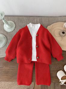 SHEIN LMoss Kids LMoss Baby Girl 2pcs Set: Cardigan And Wide Leg Pants, Lantern Sleeve Sweater Outfit, Suitable For Outdoor, Shopping, Party And Other Occasions, Autumn/Winter - Red - View 1