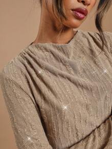 COSMINA Women's Round Neck Long Sleeve Sequin Asymmetric Hem Elegant Dress - Brown - View 5