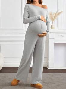 SHEIN Maternity Jumpsuit, Casual Solid Color Top And Pants