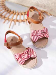 Sandalias planas de lino con acento de lazo, de estilo casual y lindo para niñas, para el verano 2025 - Multicolor - Ver 6