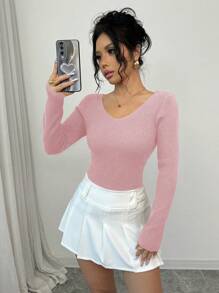 Chiquease 女士露背V领性感套头毛衣，饰有蝴蝶结，秋冬针织套头毛衣 - 粉色 - 查看 6