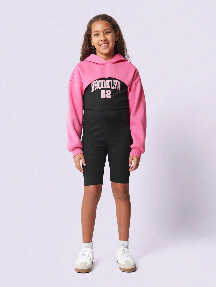 SUMWON Tween Girls Super Crop Overhead Hoodie And Brooklyn Unitard 2 Piece Set - Pink - View 1