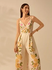 CAJUNI 女士波西米亚风彩色热带花卉印花无袖长款连体裤假日休闲海滩夏季连体裤