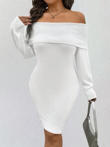 Flirla Rochie albă cu umăr deschis, cu mânecă lungă, cu umăr deschis, cu mânecă lungă, cu farmec elegant, cu guler deschis, articol esențial de toamnă/iarnă - alb - Vizualizare 5