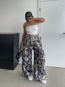 Flirla Amerikanischer Stil Camouflage Cargo Hose, High Street Fashion Marke Vintage, Mehrtaschen lose gerade Bein Lässig Hose für Damen - Verschiedenfarbig - Übersicht 5