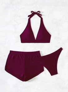 SHEIN Swim 2026 Spring/Summer 3pcs Set Purple V-Neck Halter Bikini Top + Triangle Bottoms + Briefs Bikini Set - Red Violet - View 3