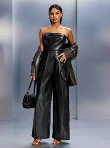SHEIN SXY Une combinaison style biker punk noir motif crocodile, top tube évasé, pour mettre en valeur la silhouette