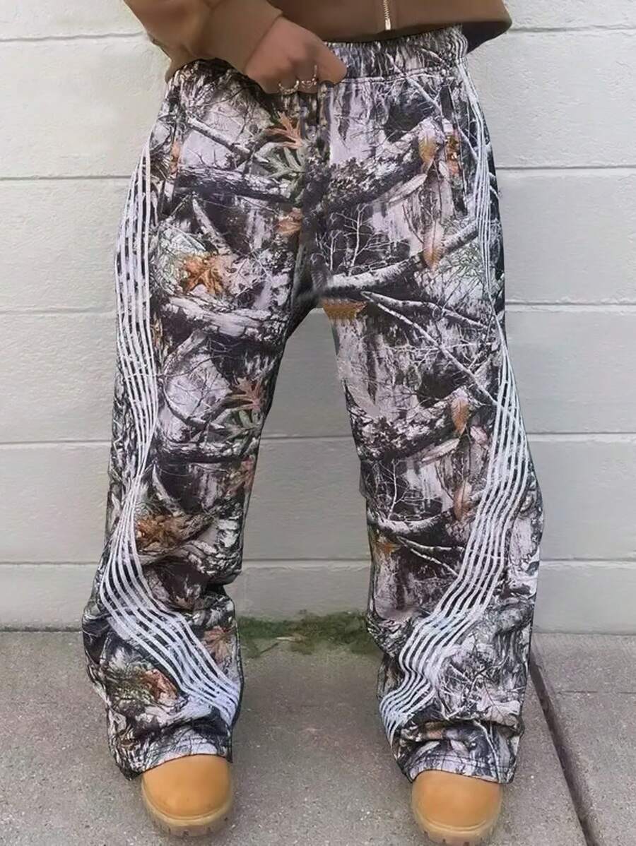 SHEIN EZwear 大码女式森林干树叶数码印花运动裤 - 彩色 - 查看 1