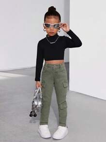 SHEIN Young Girl Light Green Cargo Denim Pants - Army Green - View 2