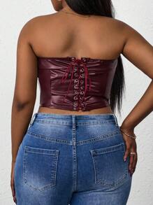 SHEIN PETITE CURVE Plus Size Women Crop Top PU Leather Minimalist Style Casual Top, Tube Top, Going Out Tops Women - Burgundy - View 2