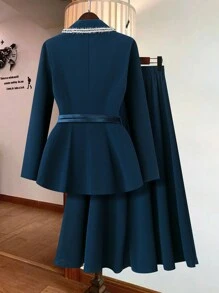 SHEIN Unity 大码女式秋季拼接丝带翻领长袖夹克和百褶迷你裙套装 - 藍色 - 查看 2