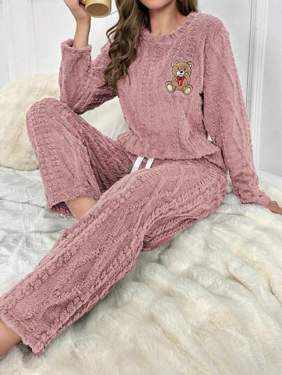 Women Bear Print Round Neck Long Sleeve Top And Pants Set, Fall Winter Clothes, Fluffy Pajama