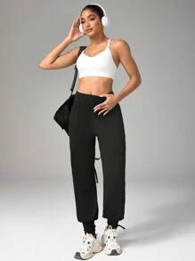 Easithlete Pantalones deportivos casuales de cintura alta con bolsillo de color liso para uso diario de mujer - Negro - Ver 3