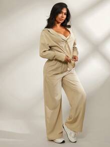 SHEIN SXY 3 Pcs Comfortable Casual Homewear Set - Long Sleeve Shirt + Camisole + Wide Leg Pants, Brown Stripe, Suitable For Spring, Autumn And Winter - Multicolor - View 4