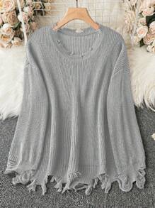 SHEIN LUNE Plus Size Solid Color Distressed Loose Knit Sweater, Casual Autumn/Winter - Light Grey - View 1