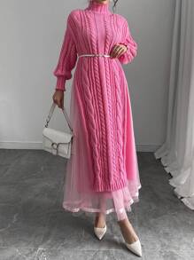 Chiquease 2 件套：高领厚毛衣和优雅薄纱裙套装，适合秋冬季 - 玫紅色 - 查看 6