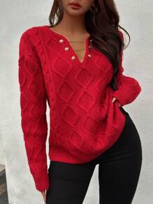 Chiquease 女士纯红色极简主义V领落肩麻花针织毛衣，休闲百搭，适合新年、情人节等节日，秋冬季针织套头衫。 - 紅色 - 查看 3