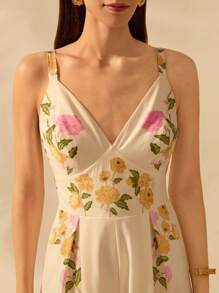 CAJUNI 女士波西米亚风彩色热带花卉印花无袖长款连体裤假日休闲海滩夏季连体裤