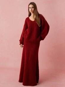 Enchnt Women High Collar Casual Solid Color Sweater - Burgundy - View 5