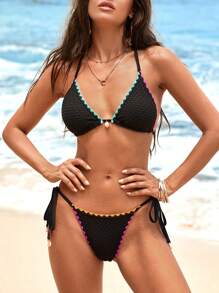 SHEIN VCAY Women's Contrast Trim Halter Neck Tie Back Bikini Top And Bottom Swimwear Set For Summer Beach Vacation - Black - View 2