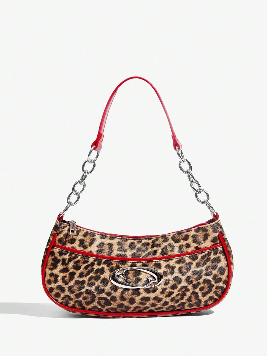 SHEIN ICON 女士时尚复古潮流街头风格性感豹纹拼布红色单肩包、HOBO 包