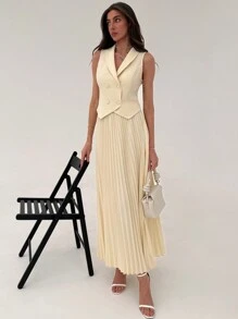 Aloruh Elegante conjunto de 2 piezas con blusa con decoración de botones delanteros y falda plisada en línea A, estilo universitario, versátil para citas - Beis - Ver 7